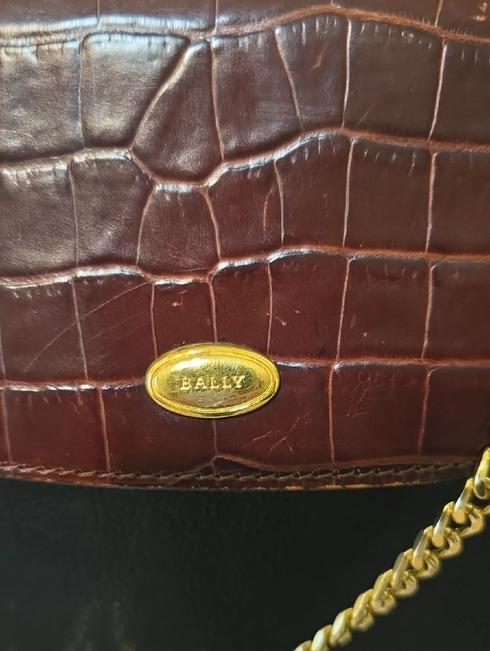 Bally Vintage Leather Satchel Croc Embossed Top Handle Bag Black Brown